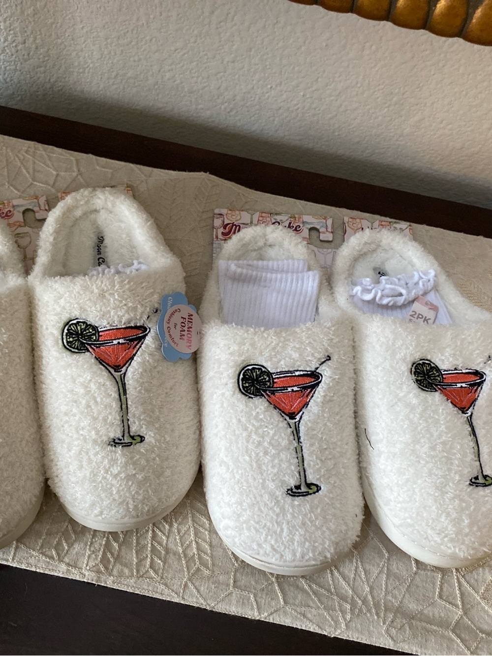 White Fuzzy Slippers with Cocktail Embroidery